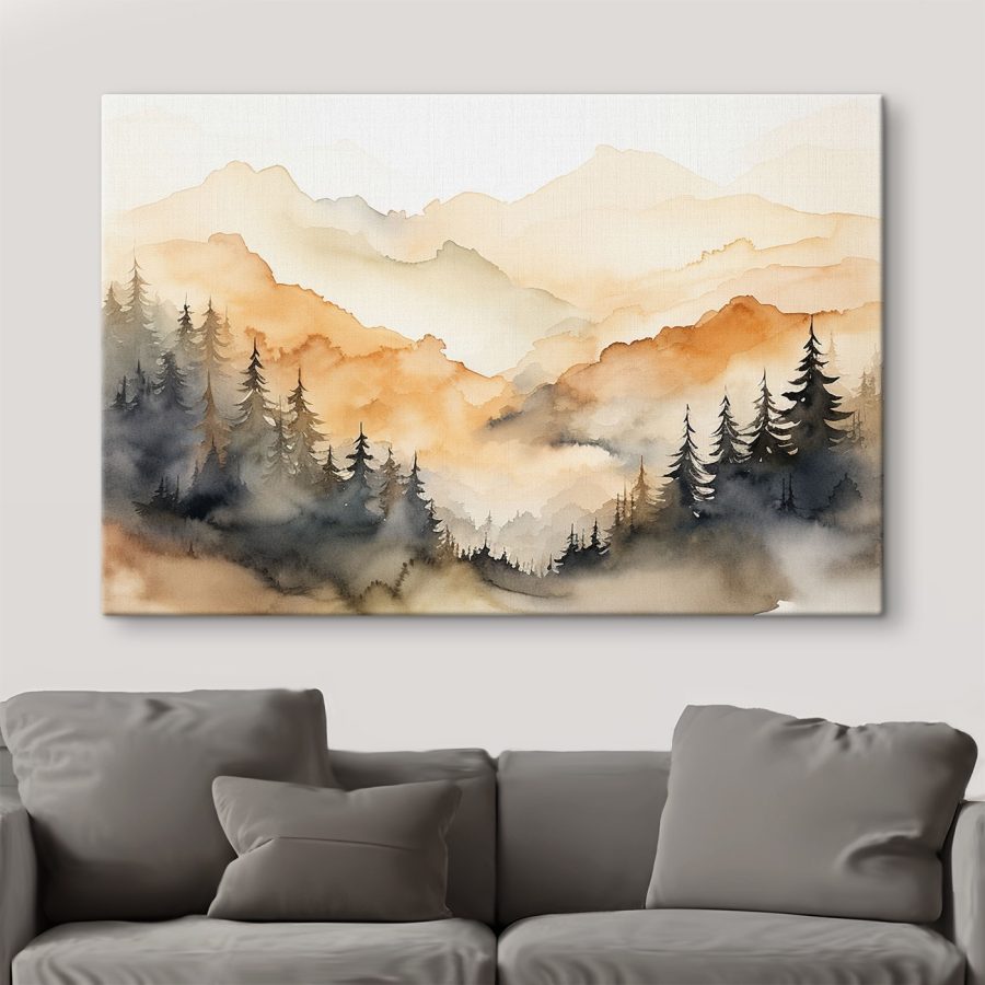 Aquarellmalerei von Bäumen und Bergen