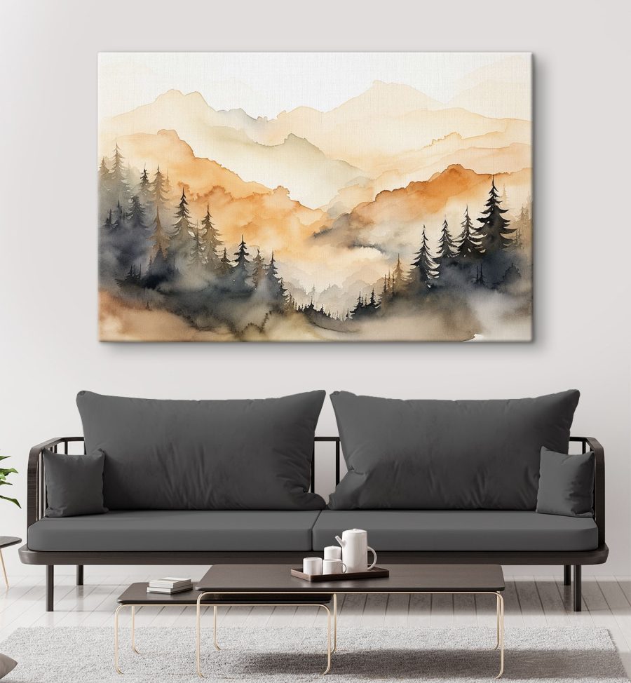 Aquarellmalerei von Bäumen und Bergen