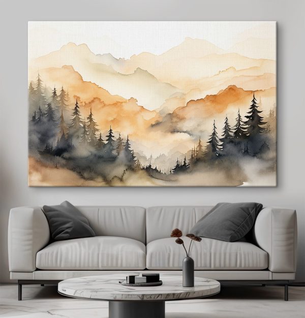 Aquarellmalerei von Bäumen und Bergen Aquarellmalerei von Bäumen und Bergen