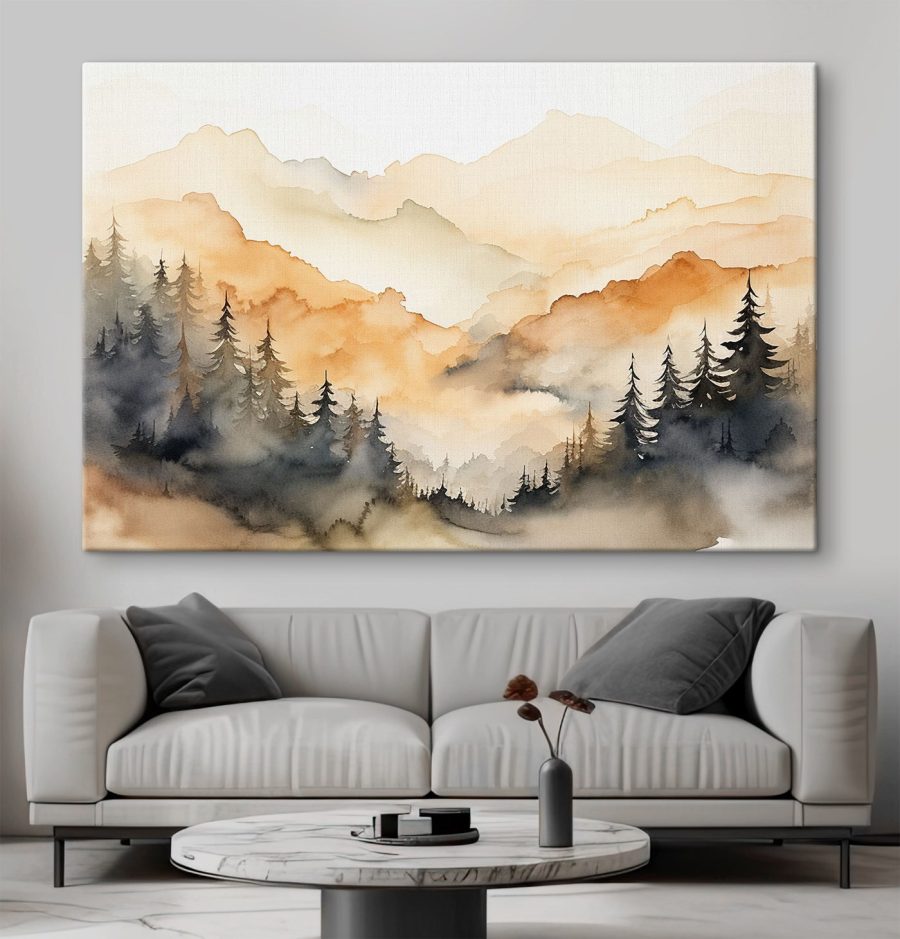 Aquarellmalerei von Bäumen und Bergen