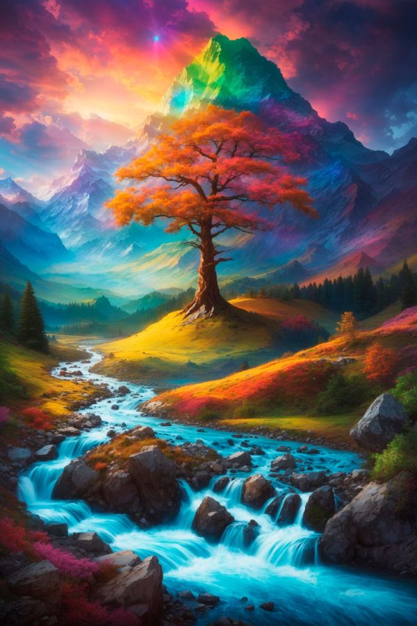 Fluss, der durch ein Tal fließt, mit einem Baum in der Mitte Fluss, der durch ein Tal fließt, mit einem Baum in der Mitte