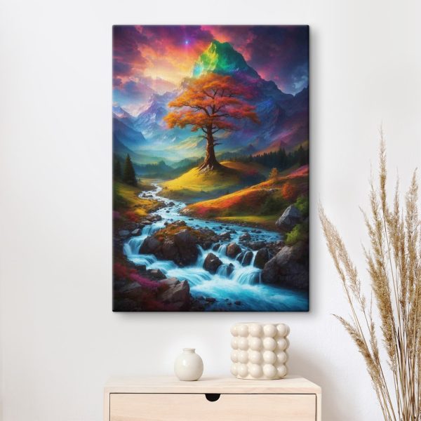 Fluss, der durch ein Tal fließt, mit einem Baum in der Mitte Fluss, der durch ein Tal fließt, mit einem Baum in der Mitte