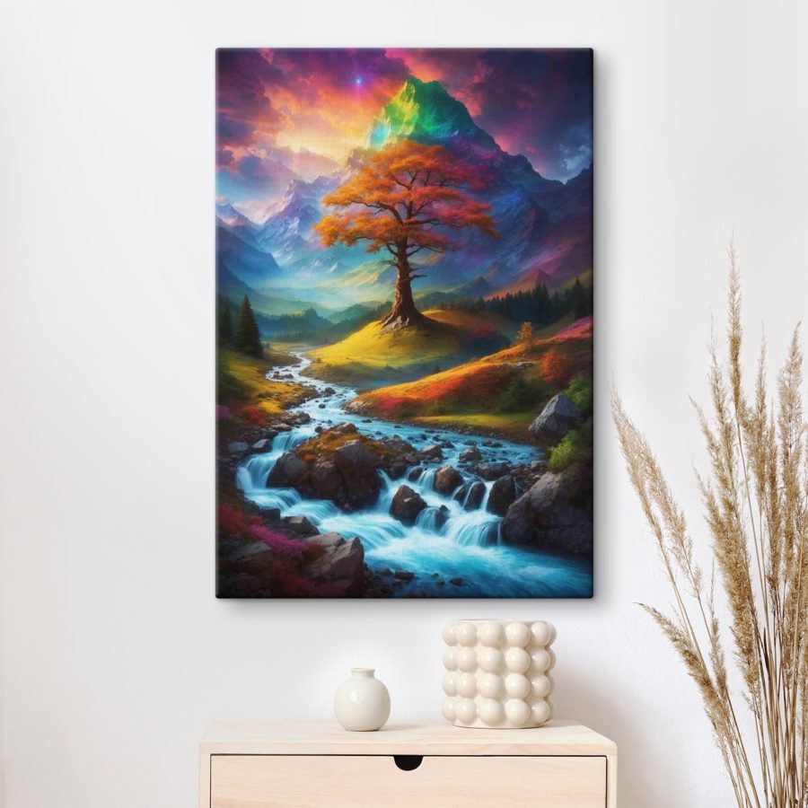 Fluss, der durch ein Tal fließt, mit einem Baum in der Mitte Fluss, der durch ein Tal fließt, mit einem Baum in der Mitte
