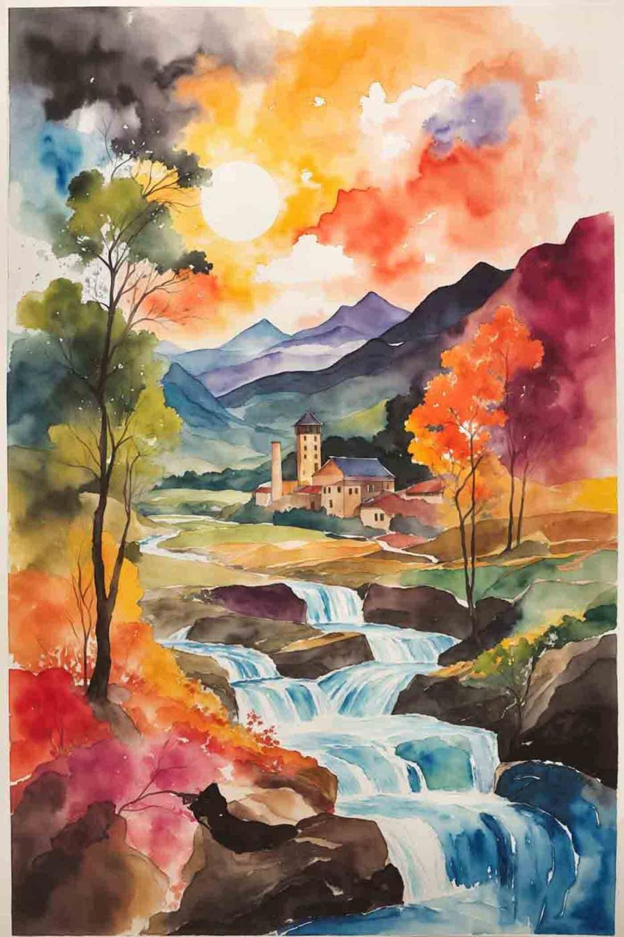 Aquarellmalerei eines Hauses und eines Flusses