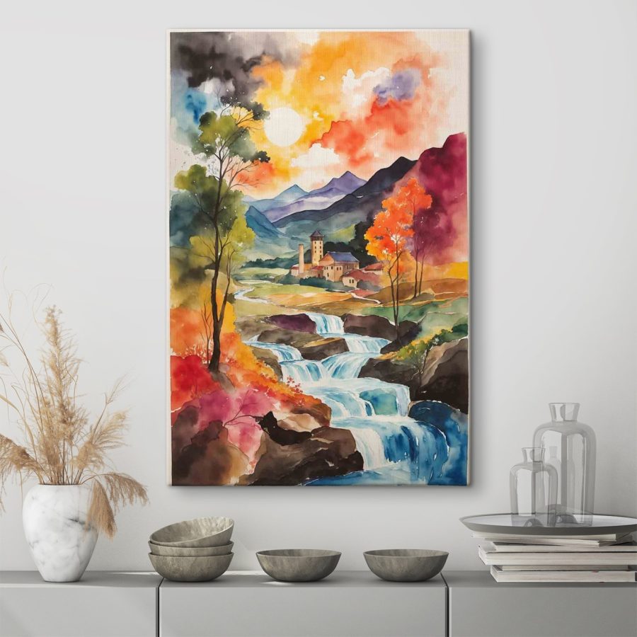Aquarellmalerei eines Hauses und eines Flusses