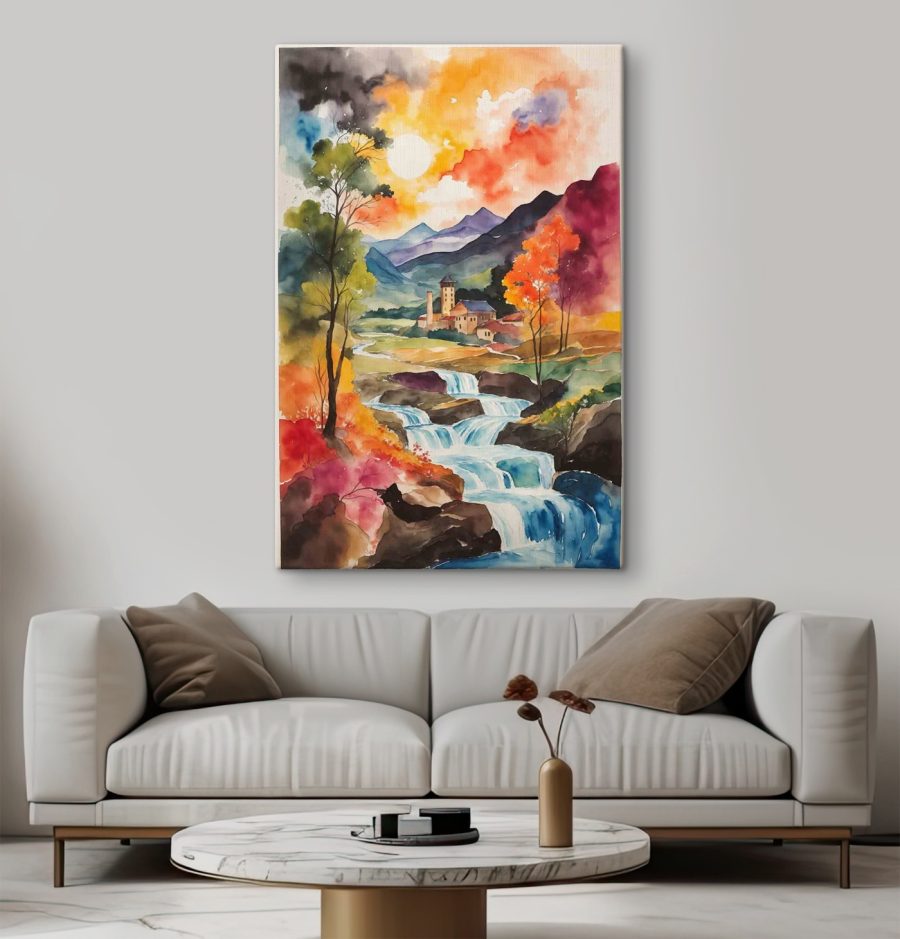 Aquarellmalerei eines Hauses und eines Flusses