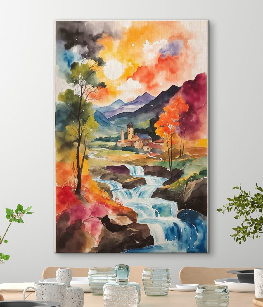 Aquarellmalerei eines Hauses und eines Flusses
