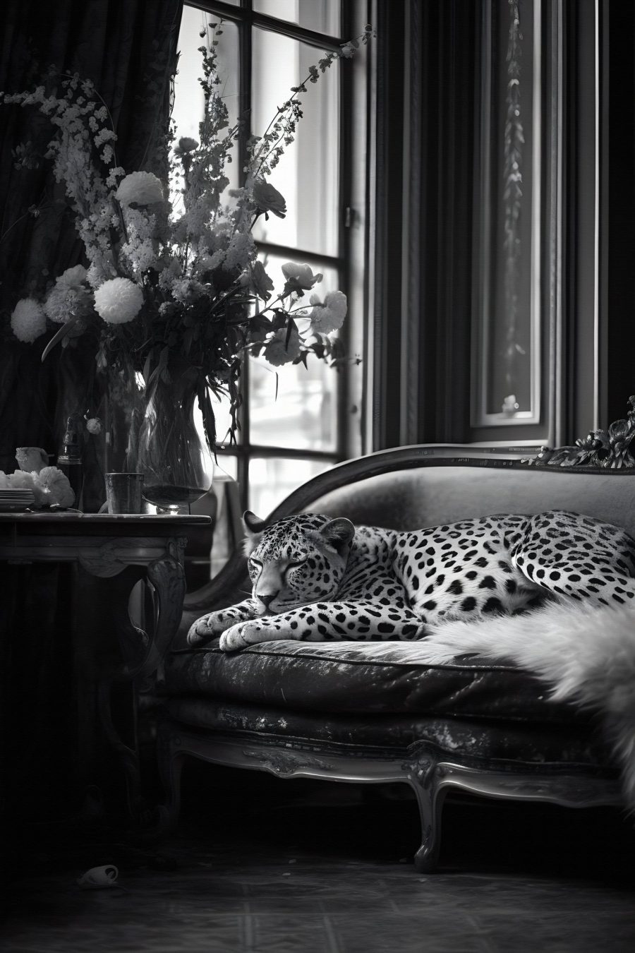Leopard liegend auf einer Couch