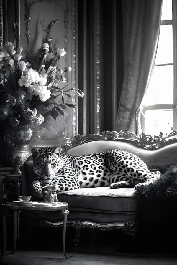 Leopard liegend auf einer Couch Leopard liegend auf einer Couch