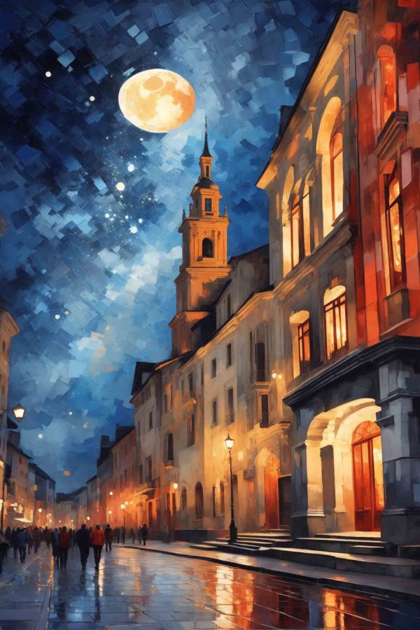 Straße mit Gebäuden und einem Mond Straße mit Gebäuden und einem Mond
