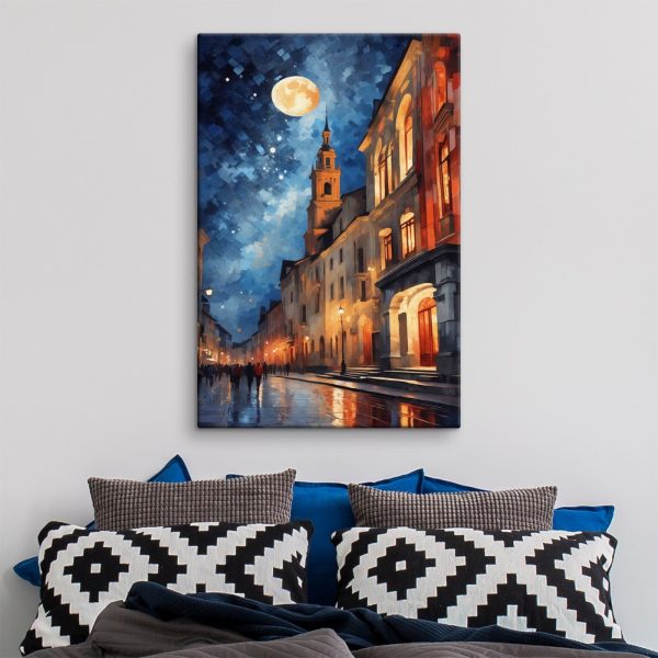 Straße mit Gebäuden und einem Mond Straße mit Gebäuden und einem Mond