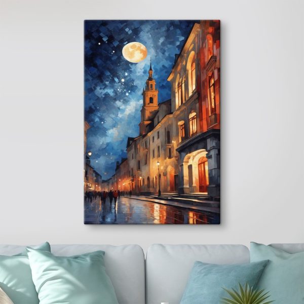 Straße mit Gebäuden und einem Mond Straße mit Gebäuden und einem Mond