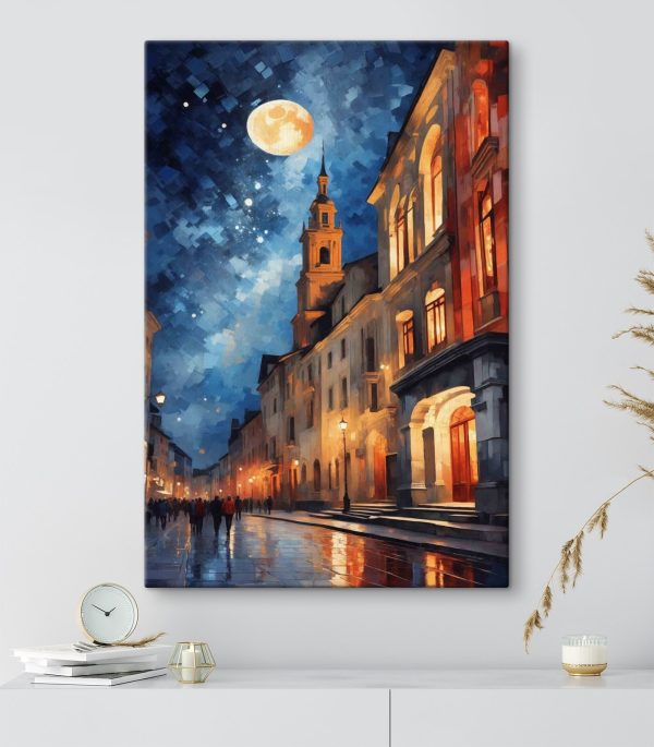 Straße mit Gebäuden und einem Mond Straße mit Gebäuden und einem Mond