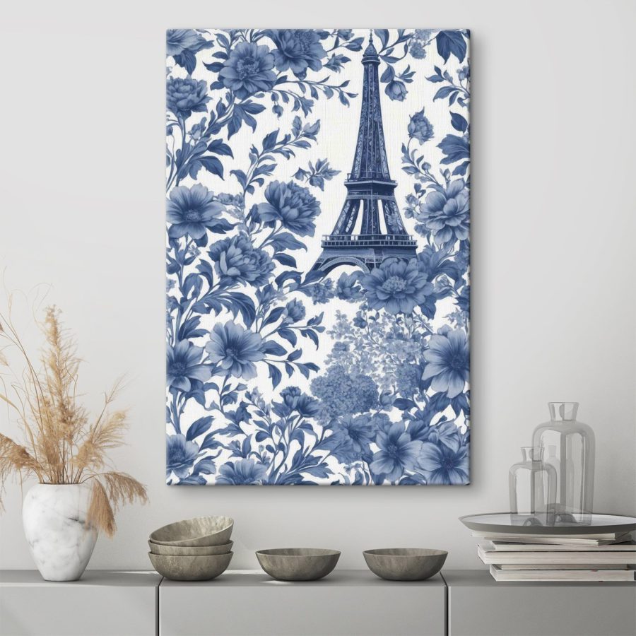 Blaues und weißes Blumenmuster mit einem Turm