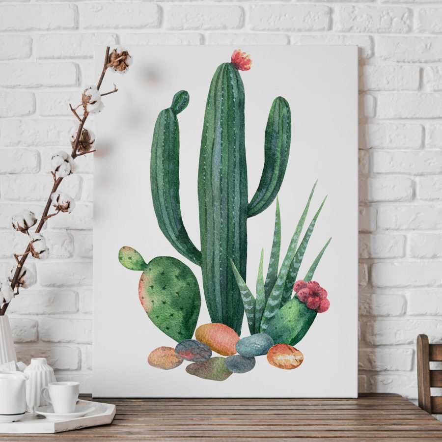 Aquarell eines Kaktus und Felsen