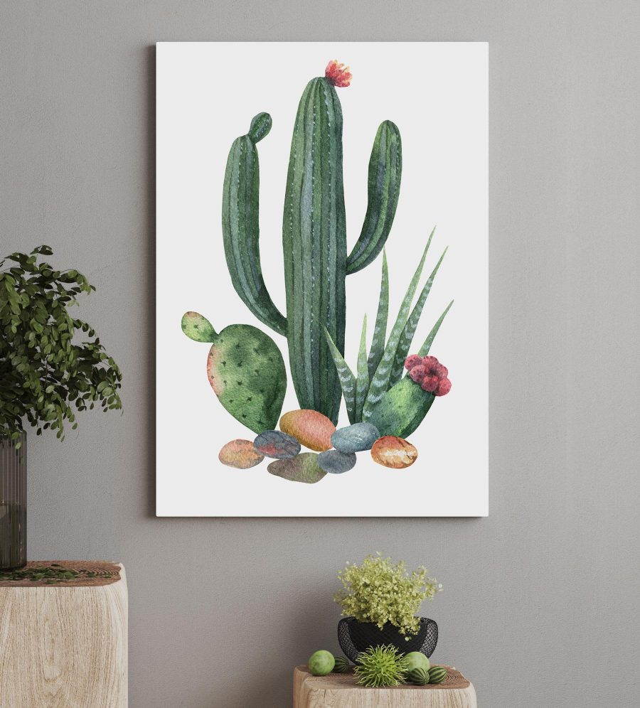 Aquarell eines Kaktus und Felsen