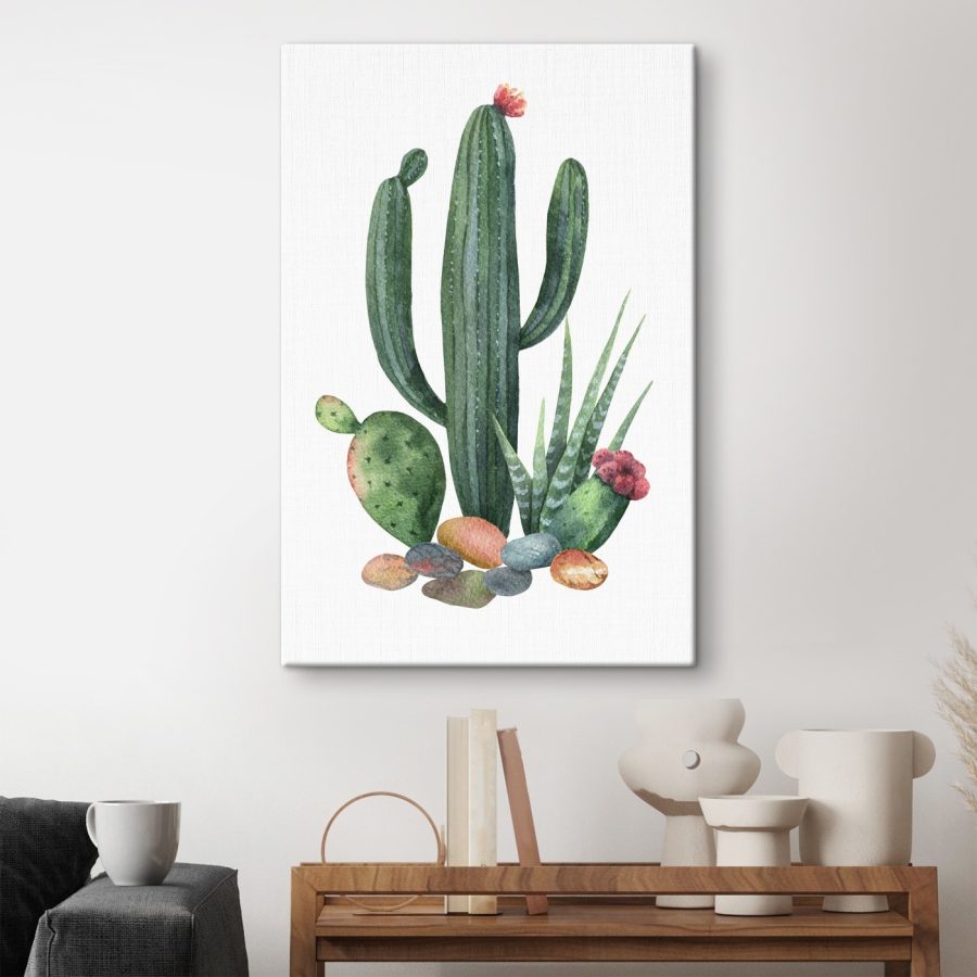 Aquarell eines Kaktus und Felsen