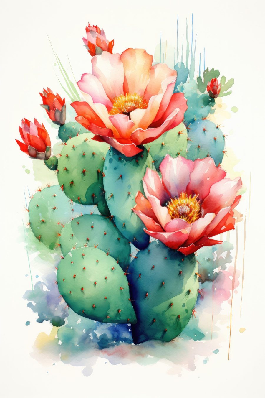 Watercolor painting of a cactus with flowers Watercolor painting of a cactus with flowers