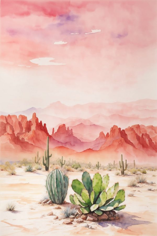 Aquarellmalerei einer Wüstenlandschaft mit Kakteen und Bergen Aquarellmalerei einer Wüstenlandschaft mit Kakteen und Bergen