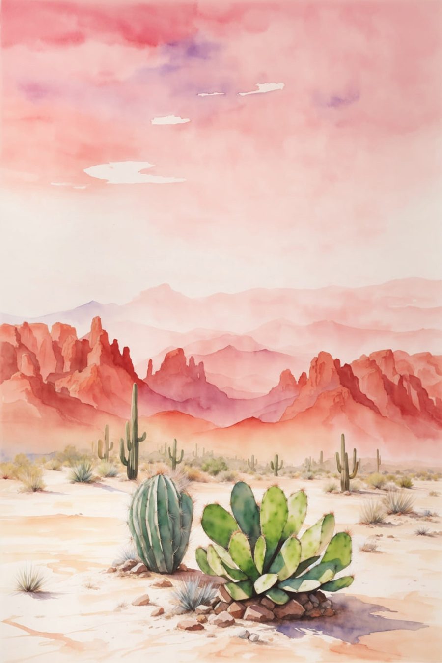 Aquarellmalerei einer Wüstenlandschaft mit Kakteen und Bergen Aquarellmalerei einer Wüstenlandschaft mit Kakteen und Bergen