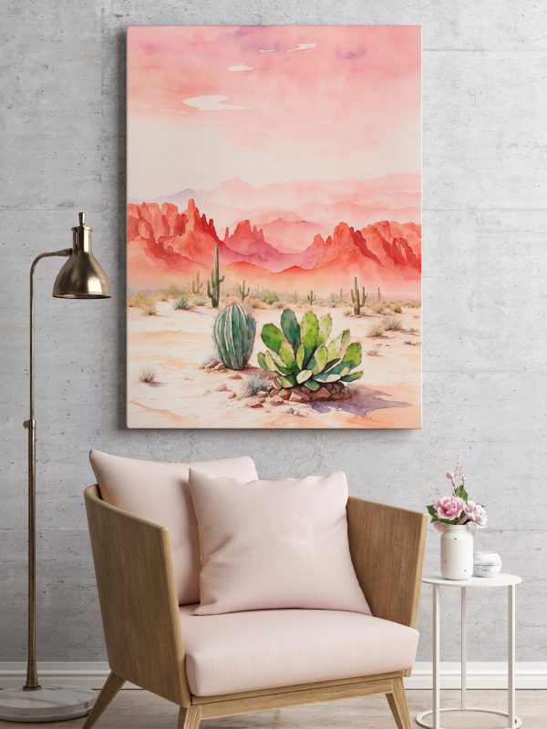 Aquarellmalerei einer Wüstenlandschaft mit Kakteen und Bergen Aquarellmalerei einer Wüstenlandschaft mit Kakteen und Bergen