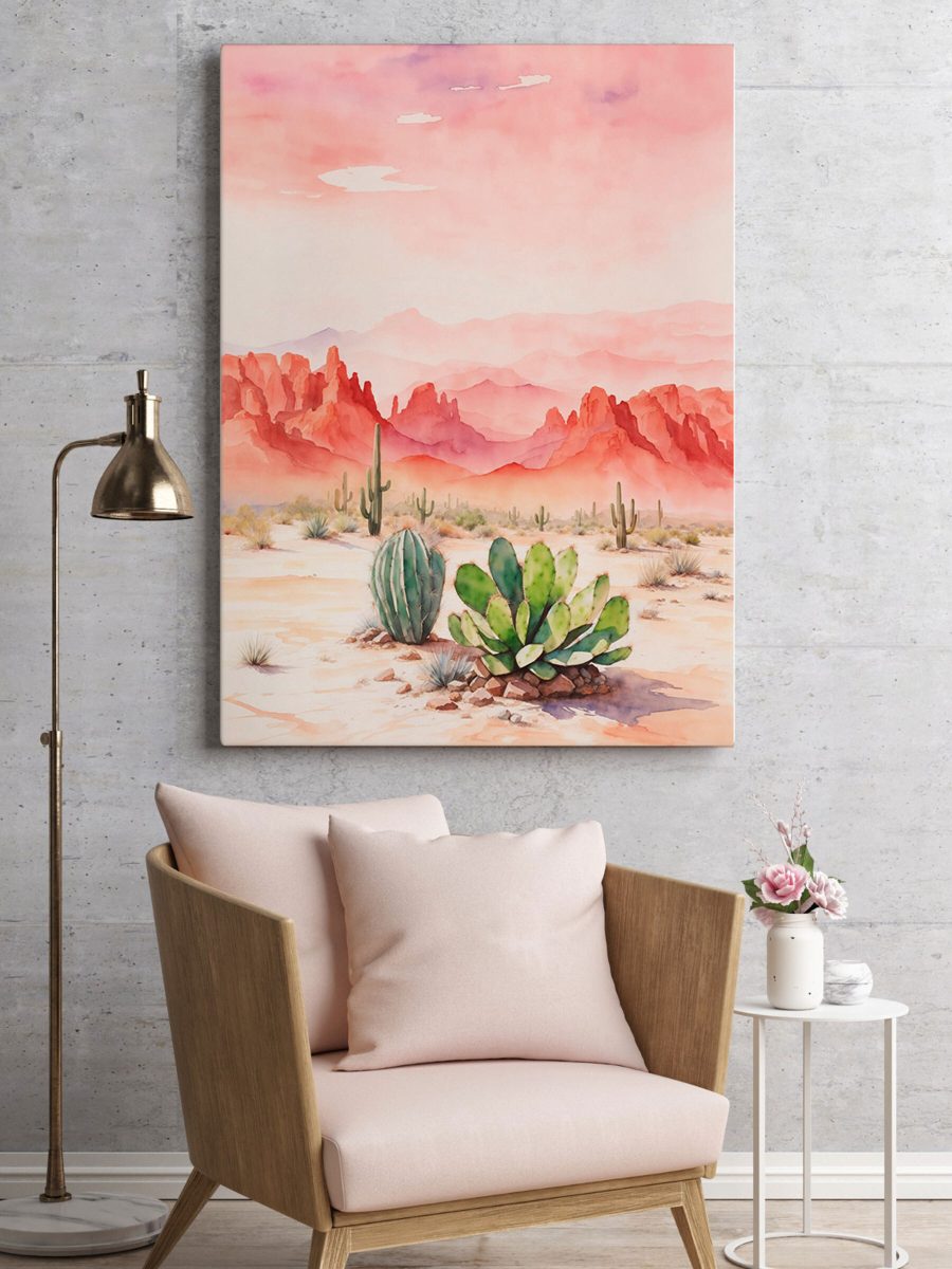 Aquarellmalerei einer Wüstenlandschaft mit Kakteen und Bergen Aquarellmalerei einer Wüstenlandschaft mit Kakteen und Bergen