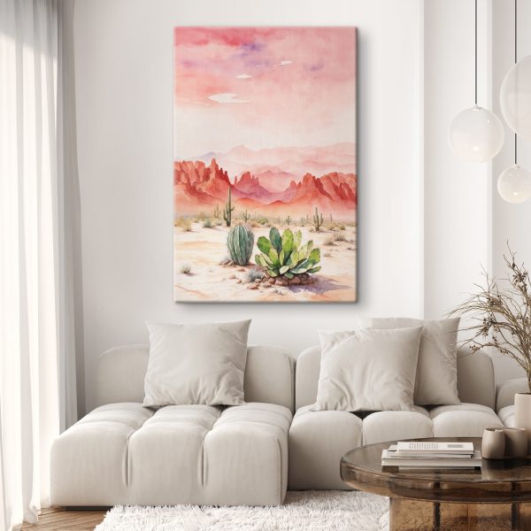 Aquarellmalerei einer Wüstenlandschaft mit Kakteen und Bergen Aquarellmalerei einer Wüstenlandschaft mit Kakteen und Bergen