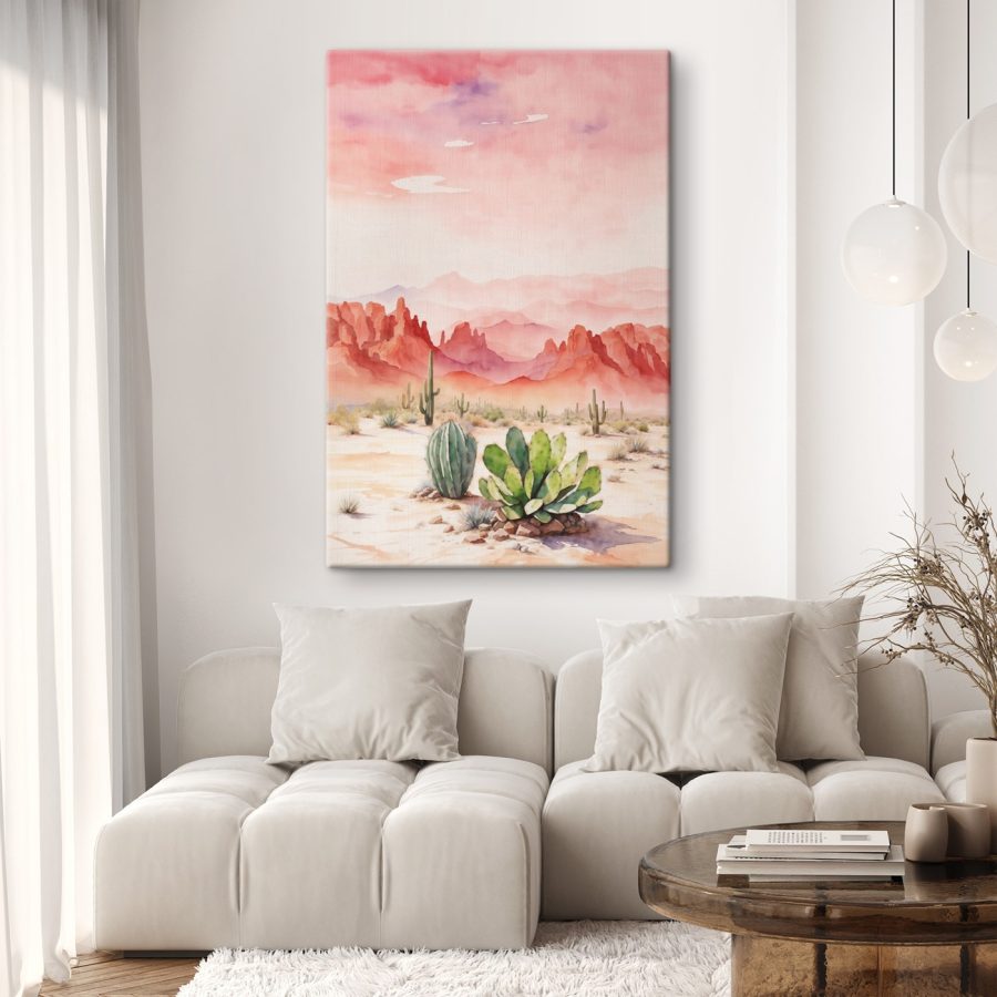 Aquarellmalerei einer Wüstenlandschaft mit Kakteen und Bergen Aquarellmalerei einer Wüstenlandschaft mit Kakteen und Bergen