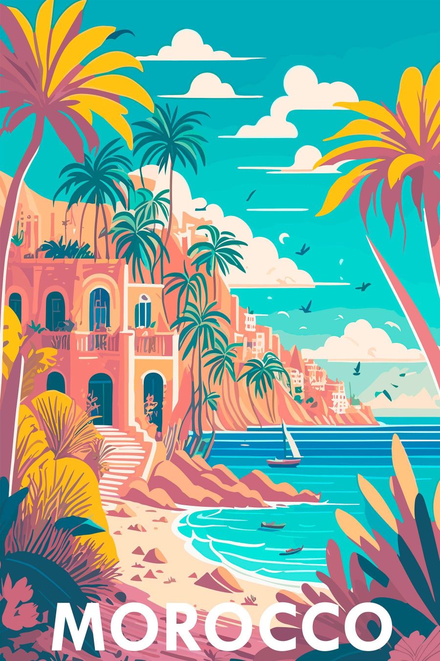 Strand mit Palmen und Gebäuden Strand mit Palmen und Gebäuden