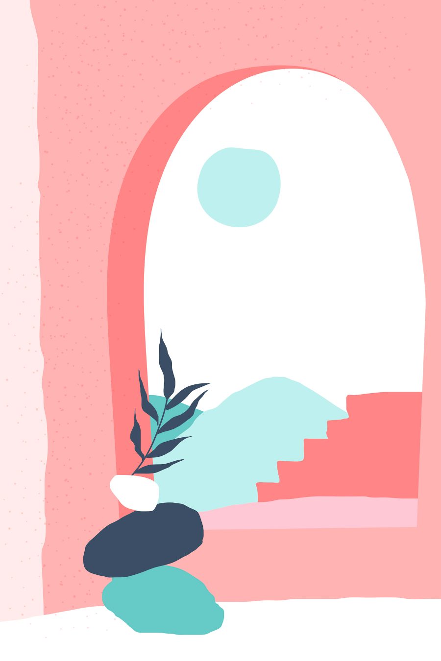 Rosa und blaue Illustration eines Fensters mit einer Pflanze in einer Vase