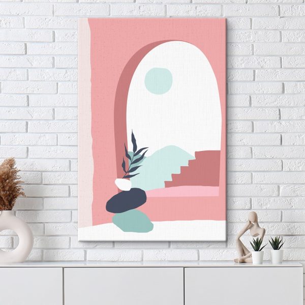 Rosa und blaue Illustration eines Fensters mit einer Pflanze in einer Vase Rosa und blaue Illustration eines Fensters mit einer Pflanze in einer Vase