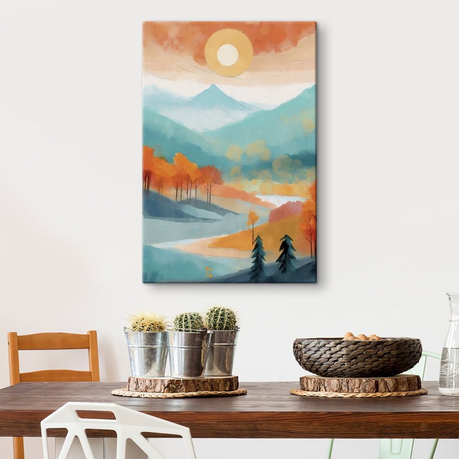 Gemälde einer Landschaft mit Bäumen und Bergen