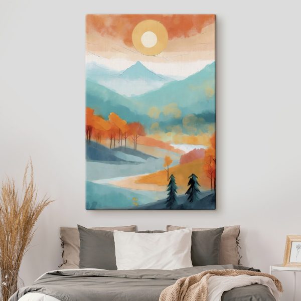 Gemälde einer Landschaft mit Bäumen und Bergen Gemälde einer Landschaft mit Bäumen und Bergen