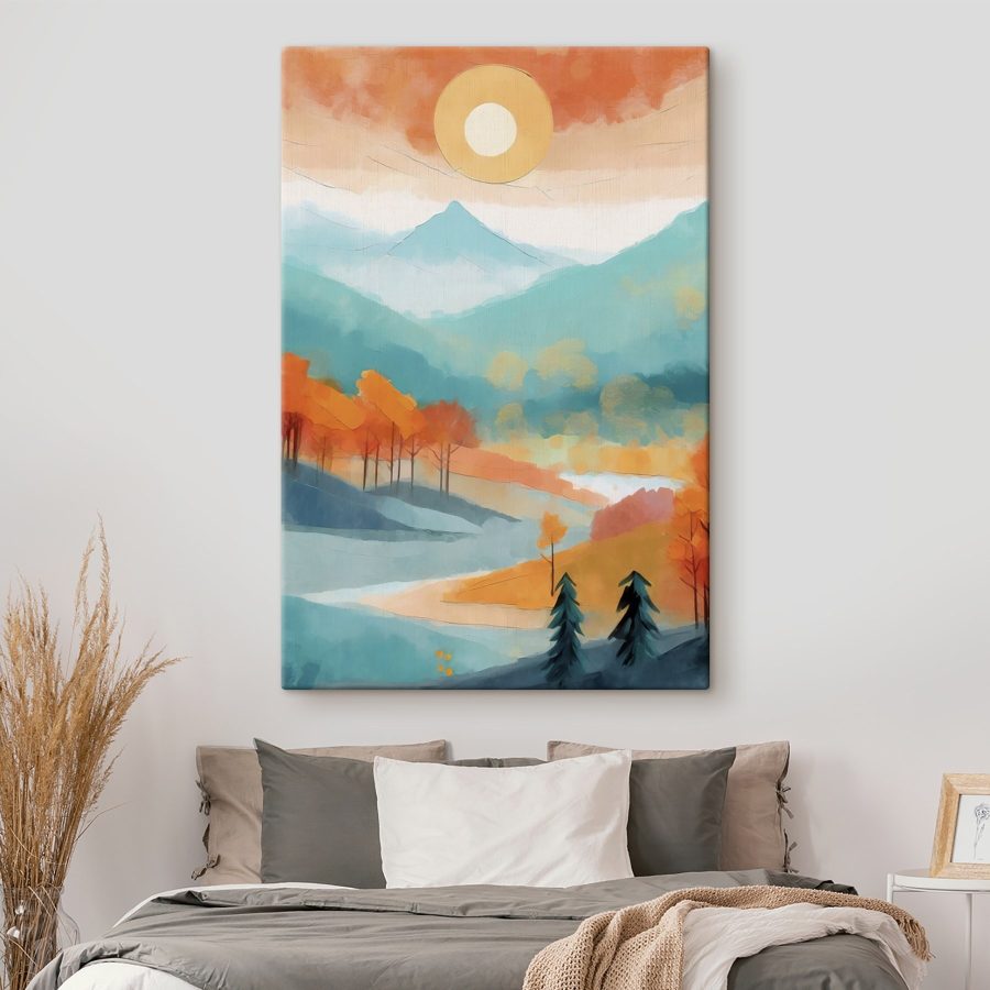 Gemälde einer Landschaft mit Bäumen und Bergen