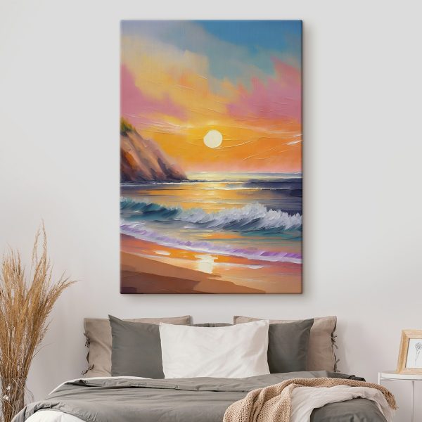 Gemälde eines Strandes mit Wellen und Hügeln Gemälde eines Strandes mit Wellen und Hügeln