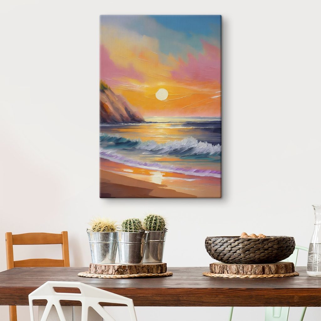 Painting of a beach with waves and hills