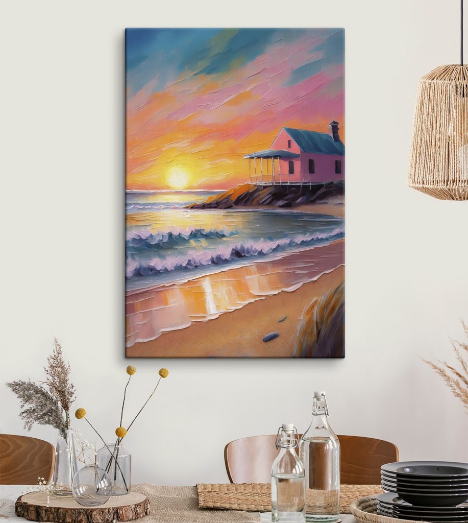 Painting of a house on a beach