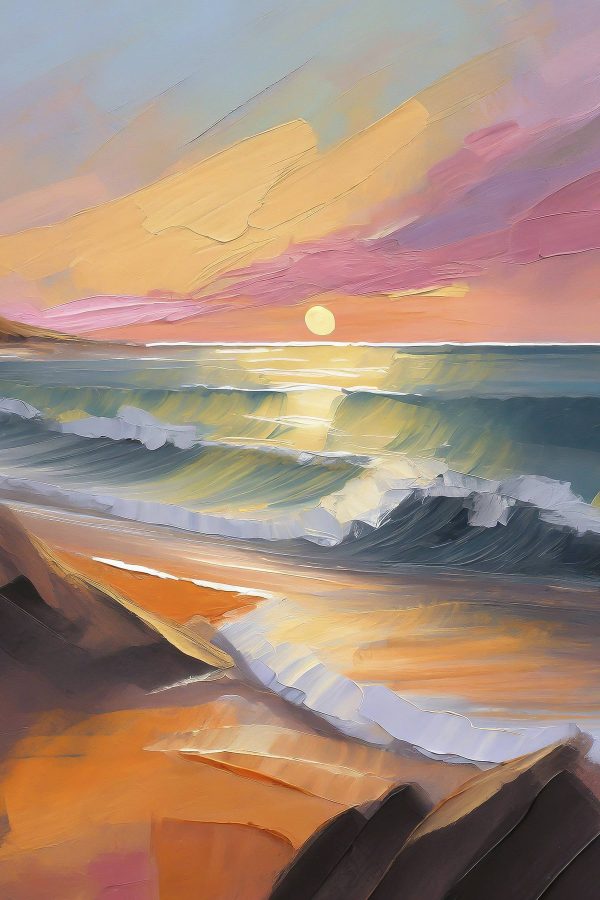Gemälde eines Strandes mit Wellen und einem Sonnenuntergang Gemälde eines Strandes mit Wellen und einem Sonnenuntergang