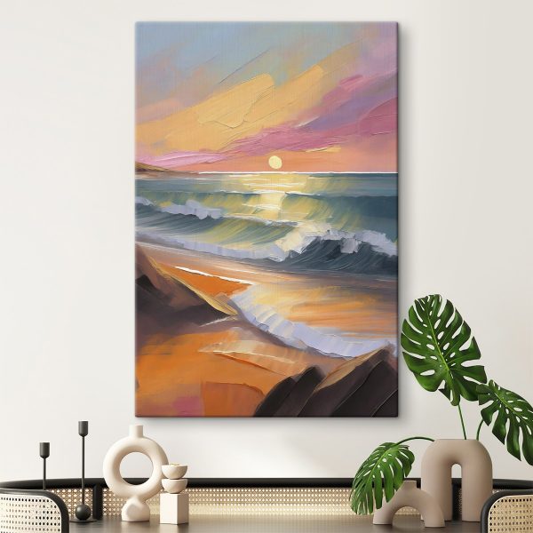 Gemälde eines Strandes mit Wellen und einem Sonnenuntergang Gemälde eines Strandes mit Wellen und einem Sonnenuntergang
