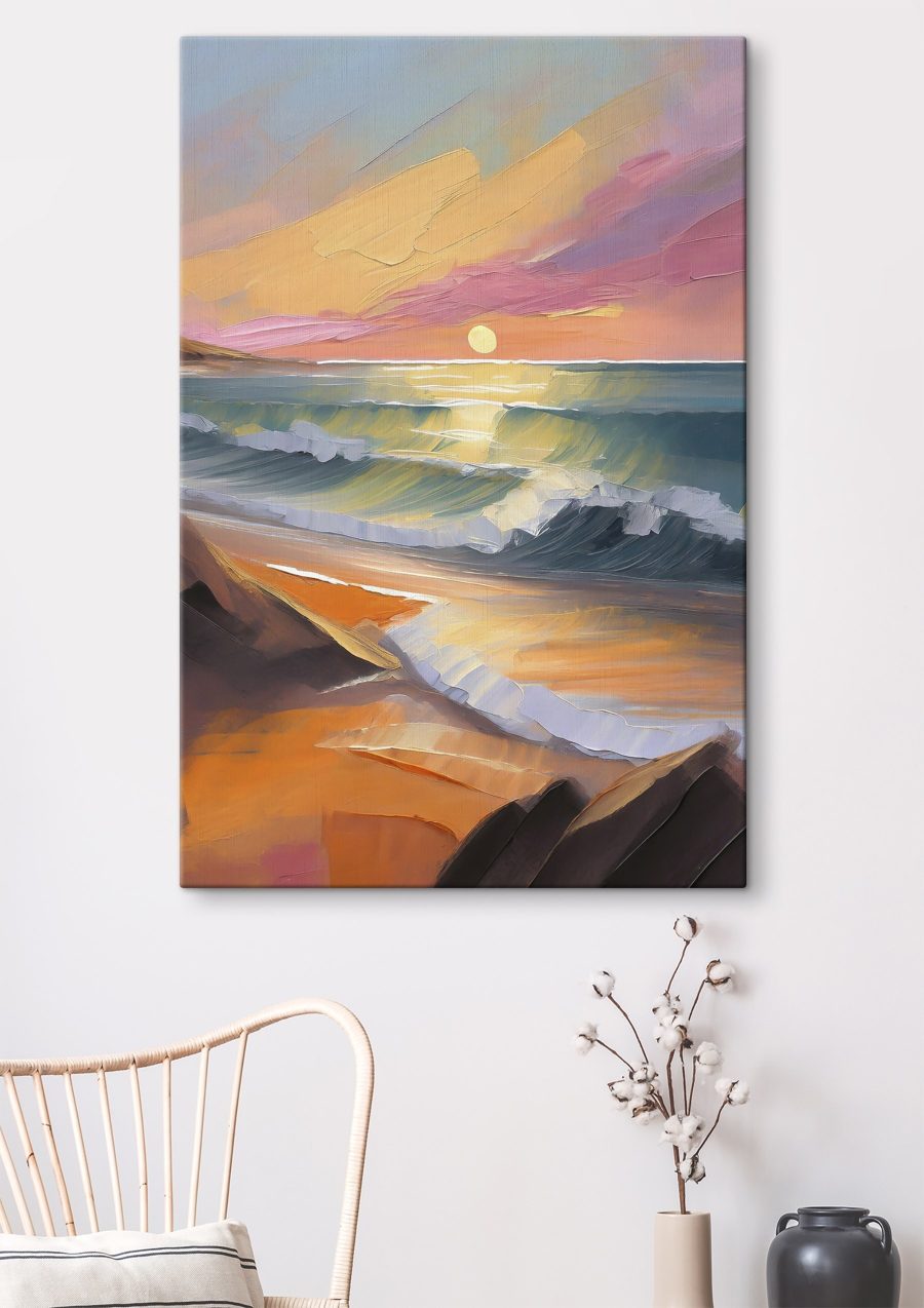 Gemälde eines Strandes mit Wellen und einem Sonnenuntergang