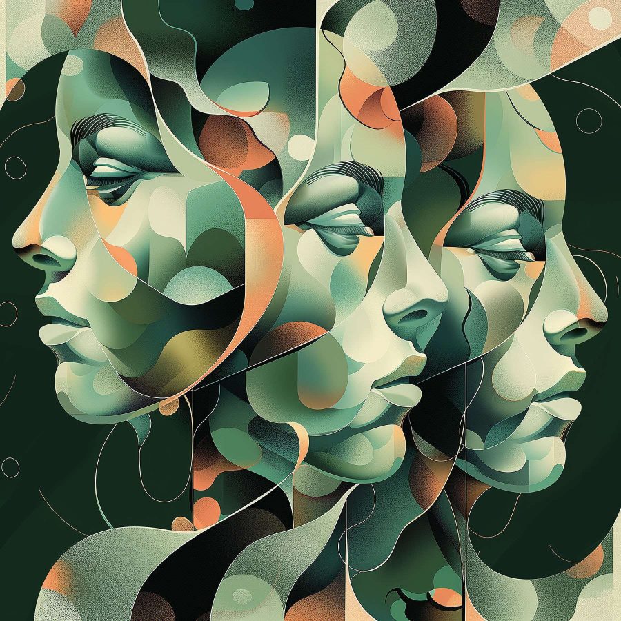 Die Gesichter vermischen sich in surrealer Kunstfertigkeit. Die Gesichter vermischen sich in surrealer Kunstfertigkeit.