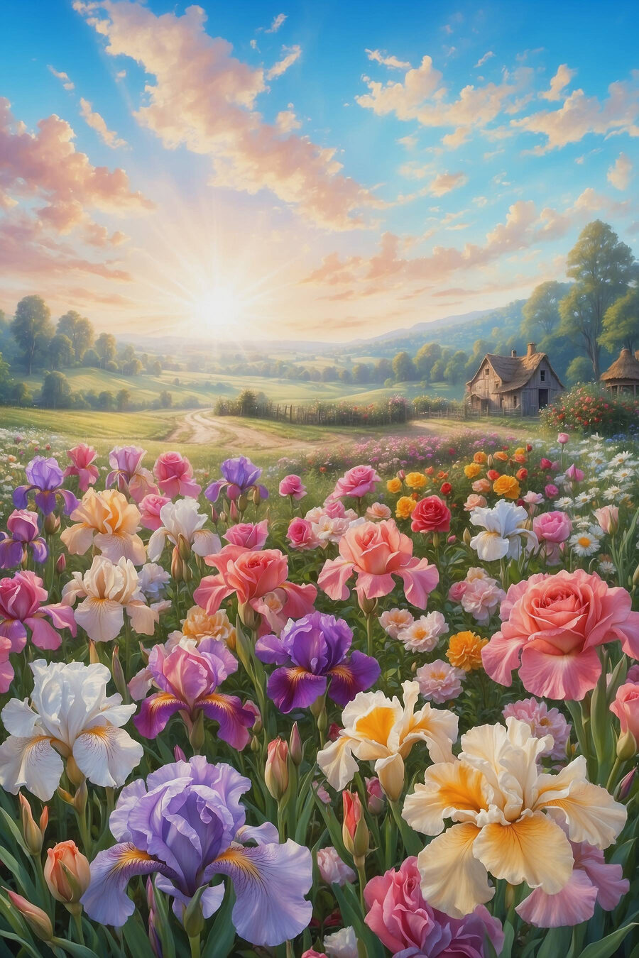 Blumenfeld mit einem Haus im Hintergrund