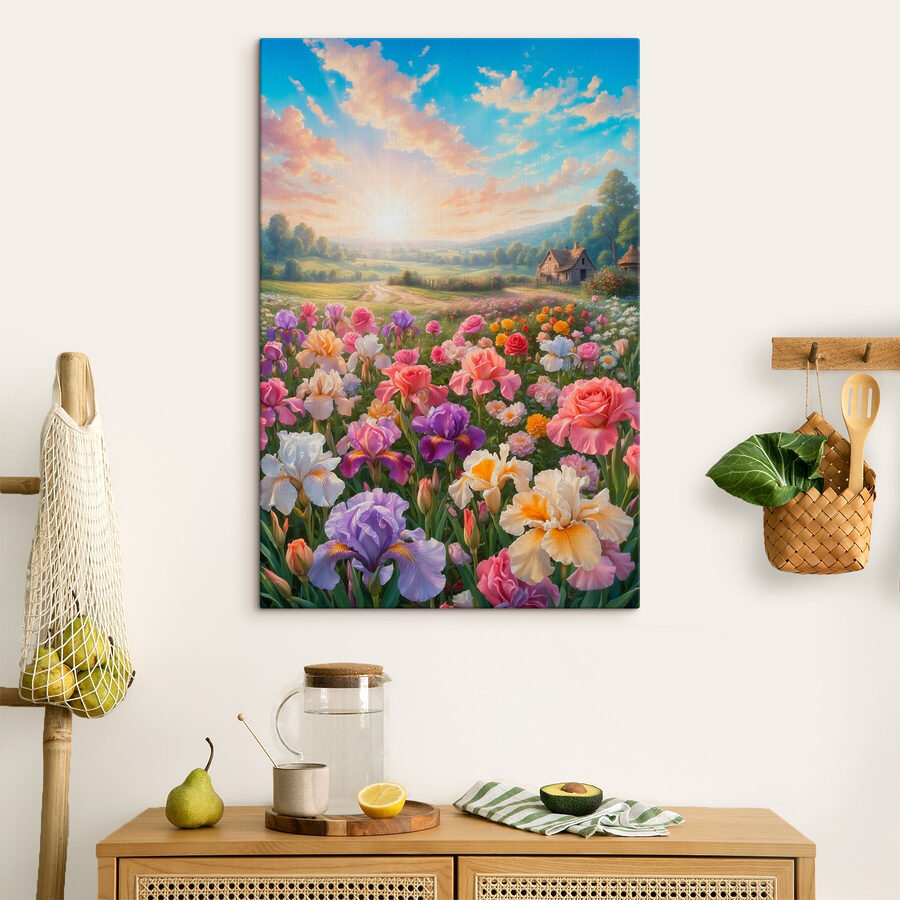 Blumenfeld mit einem Haus im Hintergrund