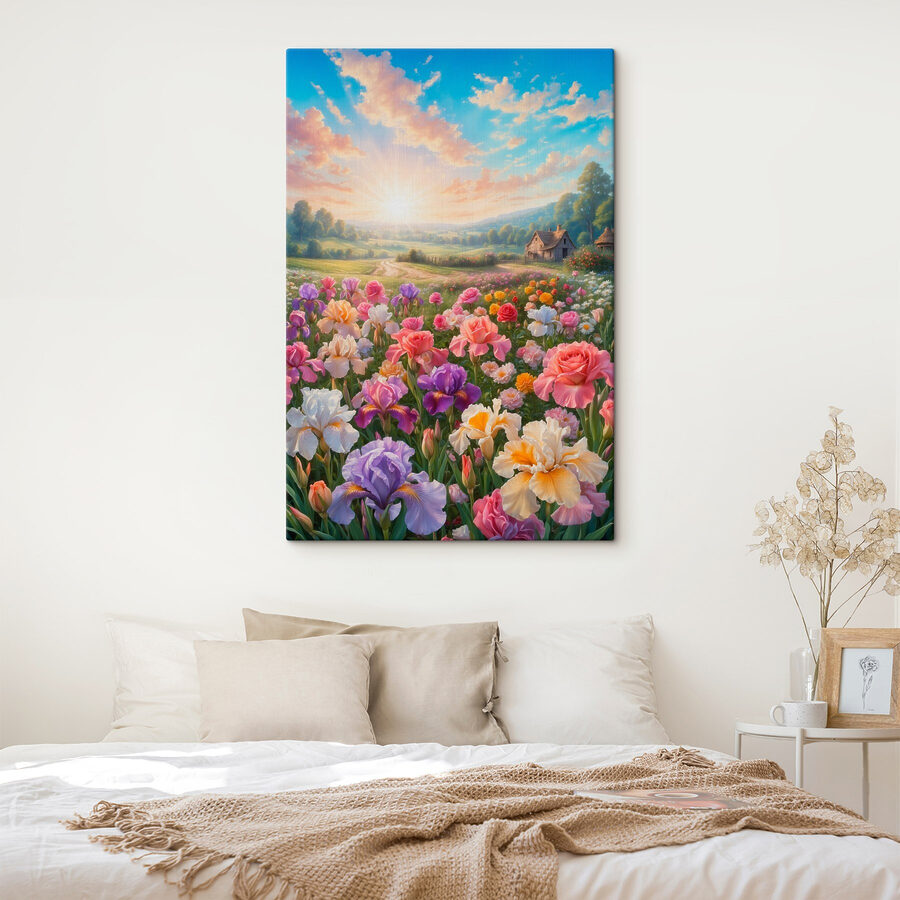 Blumenfeld mit einem Haus im Hintergrund