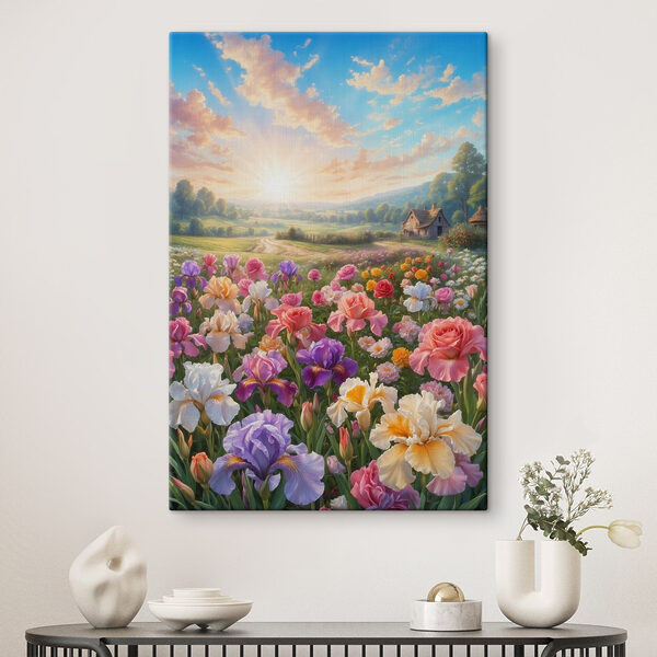 Blumenfeld mit einem Haus im Hintergrund Blumenfeld mit einem Haus im Hintergrund