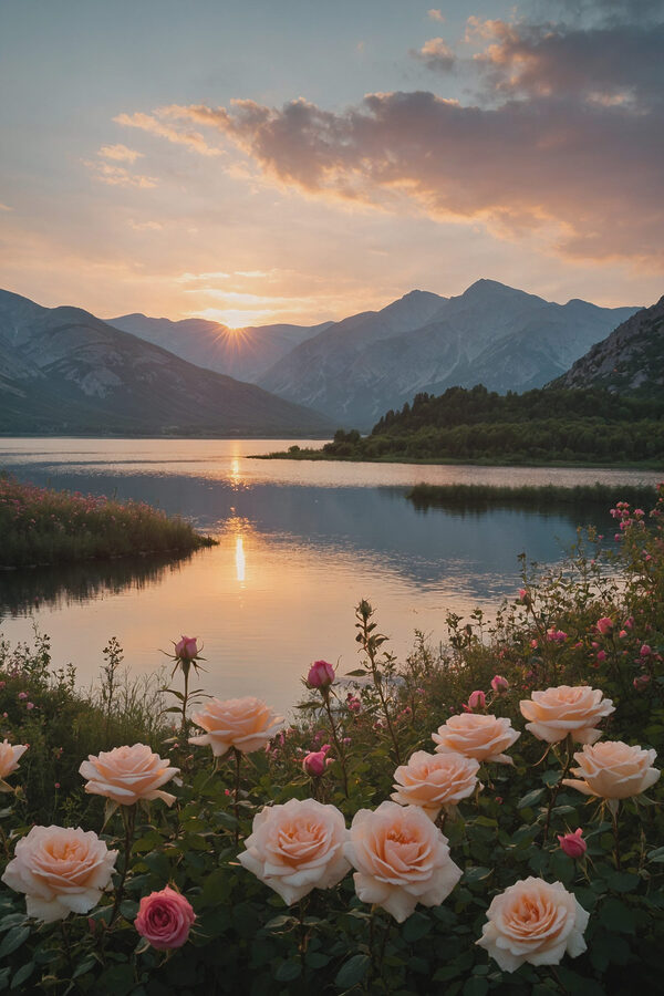 See mit Blumen und Bergen im Hintergrund See mit Blumen und Bergen im Hintergrund