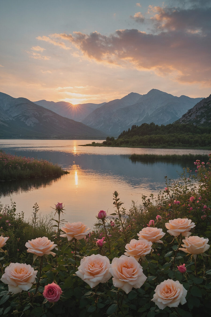 See mit Blumen und Bergen im Hintergrund