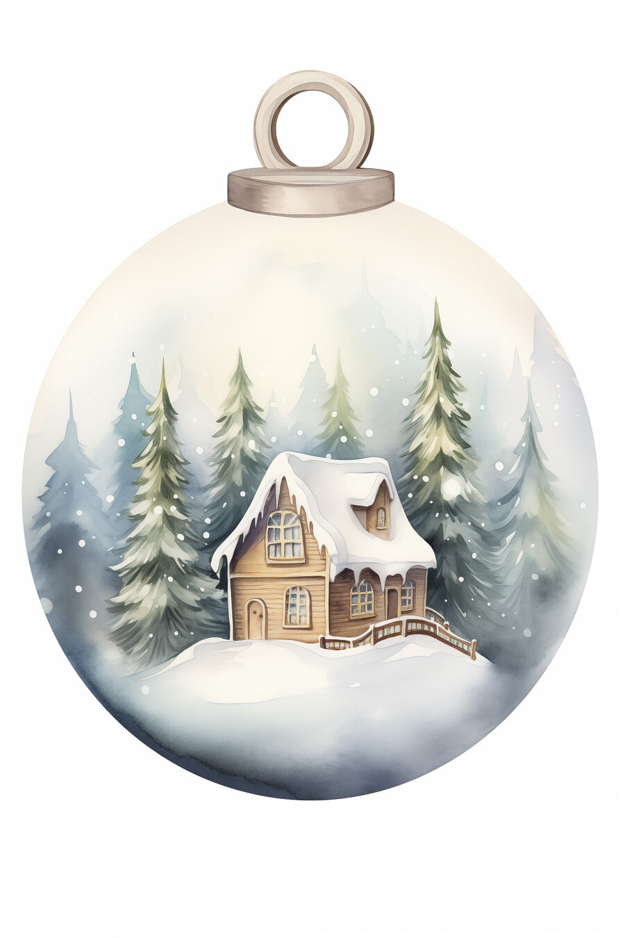Watercolor painting of a house in a snow covered forest Watercolor painting of a house in a snow covered forest