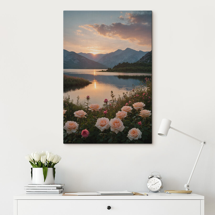 See mit Blumen und Bergen im Hintergrund