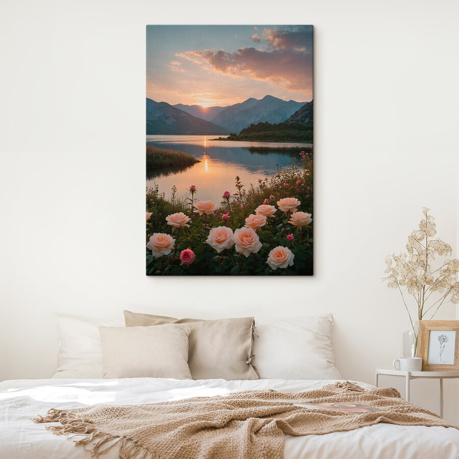 See mit Blumen und Bergen im Hintergrund